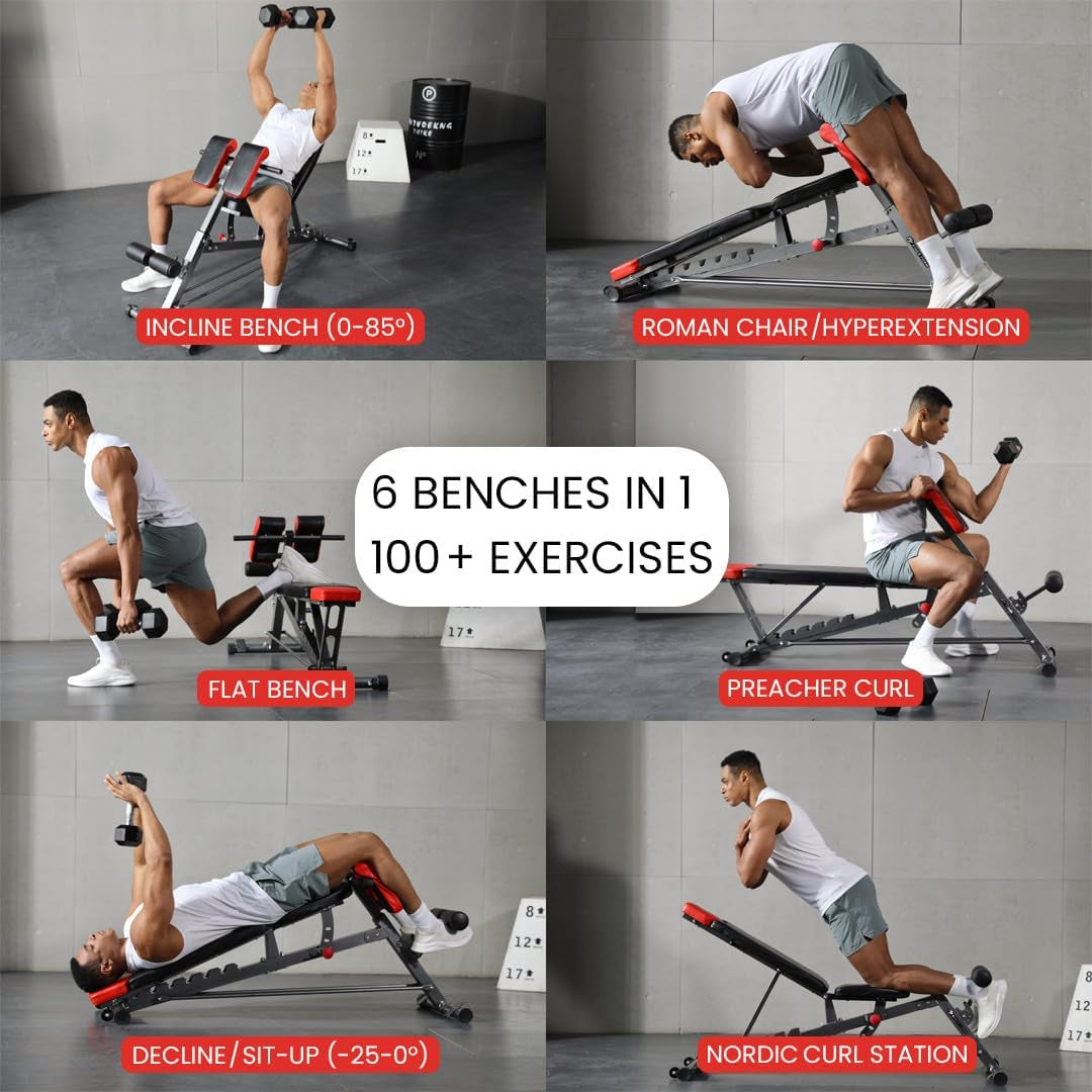 Versatile FID Weight Bench for Complete Body Training – Hyper Back Extension, Roman Chair, Adjustable Ab Sit-Up, Incline/Decline, and Flat Bench Functions